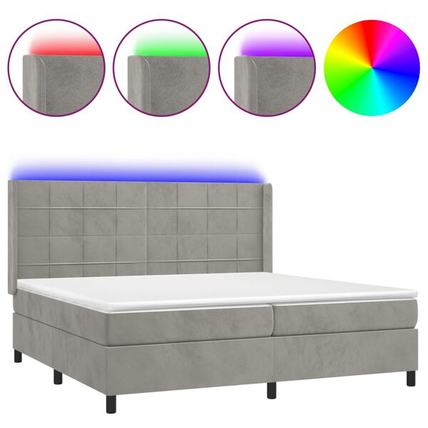vidaXL Cama box spring colch&oacute;n y LED terciopelo gris claro 200x200 cm