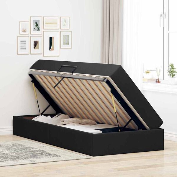 vidaXL Cama con almacenamiento y colch&oacute;n Negro 90 x 190 cm Poli&eacute;ster