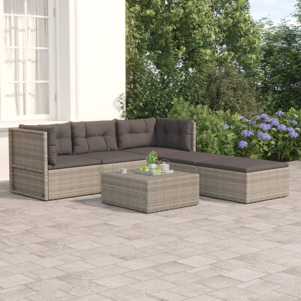 vidaXL Set de muebles de jard&iacute;n 5 pzas y cojines rat&aacute;n sint&eacute;tico gris