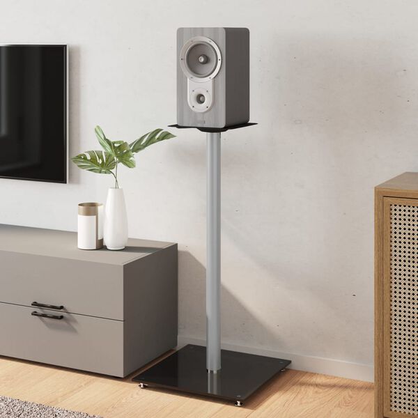 vidaXL Soportes de altavoces 2 uds vidrio templado plata negro 1 pilar