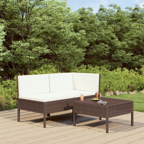 vidaXL Set muebles de jardín 3 pzas y cojines ratán sintético marrón