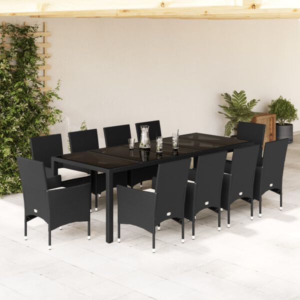 vidaXL Set comedor jard&iacute;n 11 pzas cojines rat&aacute;n sint&eacute;tico vidrio negro