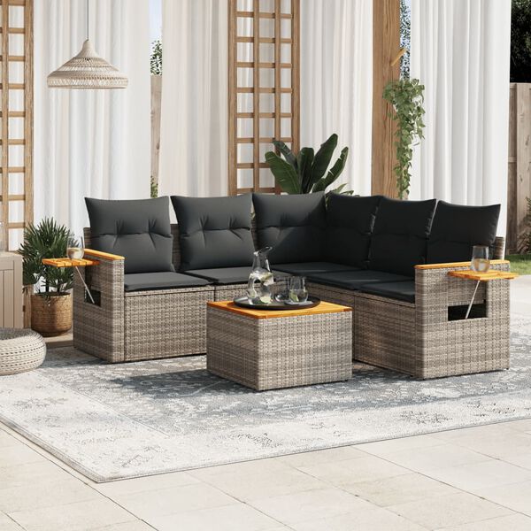 vidaXL Set de muebles de jard&iacute;n 6 pzas y cojines rat&aacute;n sint&eacute;tico gris