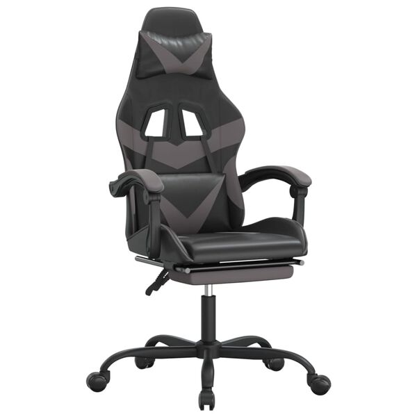 vidaXL Silla gaming giratoria y reposapi&eacute;s cuero sint&eacute;tico negro gris