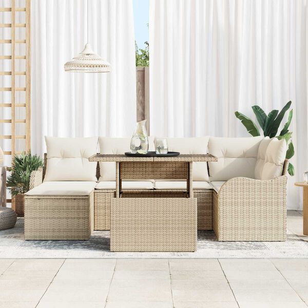 vidaXL Conjunto de sof&aacute; de jard&iacute;n con coj&iacute;n 7 pcs Beige Polirat&aacute;n