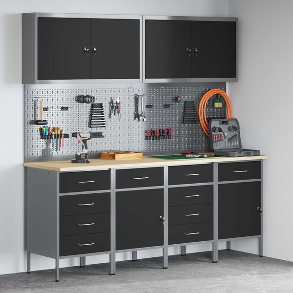 vidaXL Armario de trabajo 10 pcs Negro Madera Ingenierizada y Acero