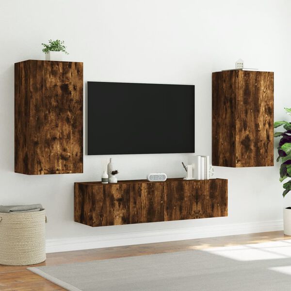 vidaXL Muebles TV pared con LED 4 pzas madera ingenier&iacute;a roble ahumado