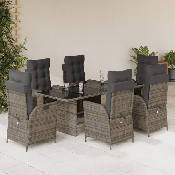 vidaXL Set comedor jard&iacute;n 7 pzas y cojines rat&aacute;n sint&eacute;tico gris