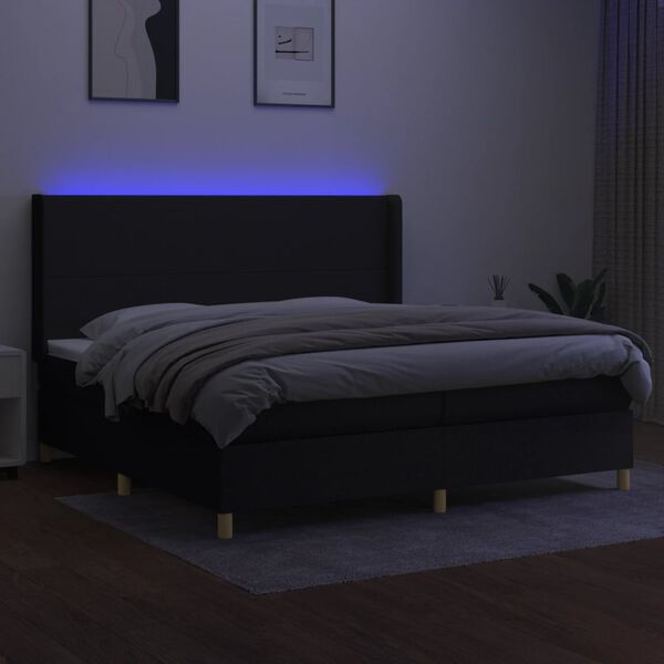 vidaXL Cama box spring colch&oacute;n y luces LED tela negro 200x200 cm