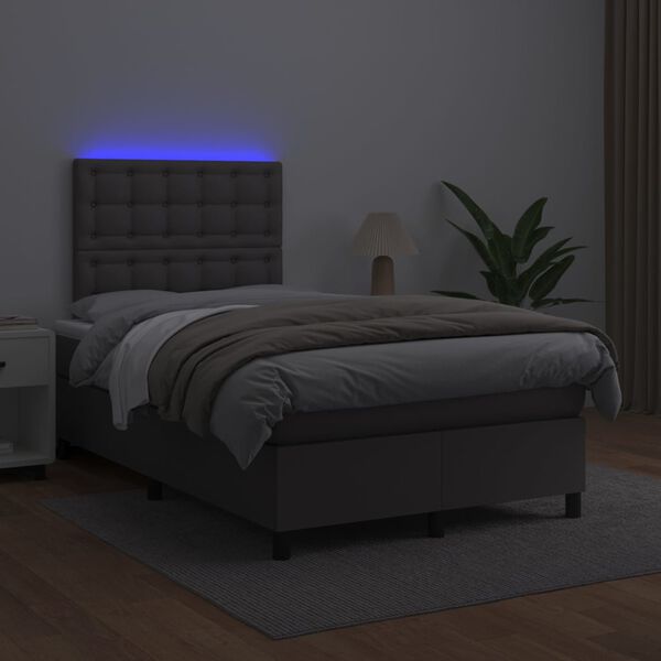 vidaXL Cama box spring colch&oacute;n y LED cuero sint&eacute;tico gris 120x200 cm