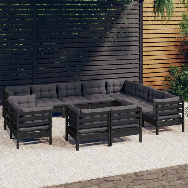 vidaXL Muebles de jardín 12 pzas y cojines negro madera maciza de pino