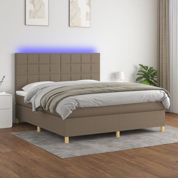 vidaXL Cama box spring colch&oacute;n y luces LED tela gris taupe 180x200 cm