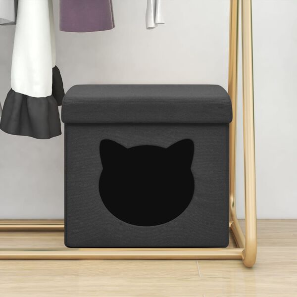 vidaXL Taburete plegable con almacenaje estampado de gatos tela negro