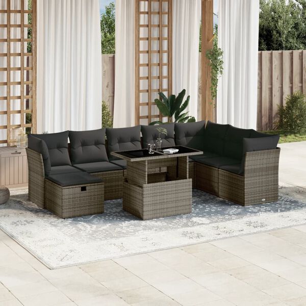 vidaXL Set de muebles de jard&iacute;n 9 pzas y cojines rat&aacute;n sint&eacute;tico gris