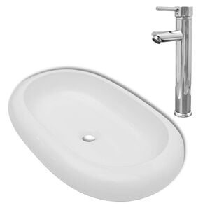 vidaXL Lavabo de ba&ntilde;o ovalado con grifo mezclador cer&aacute;mica blanco