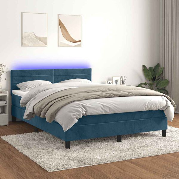 vidaXL Cama box spring colch&oacute;n y LED terciopelo azul oscuro 140x200 cm