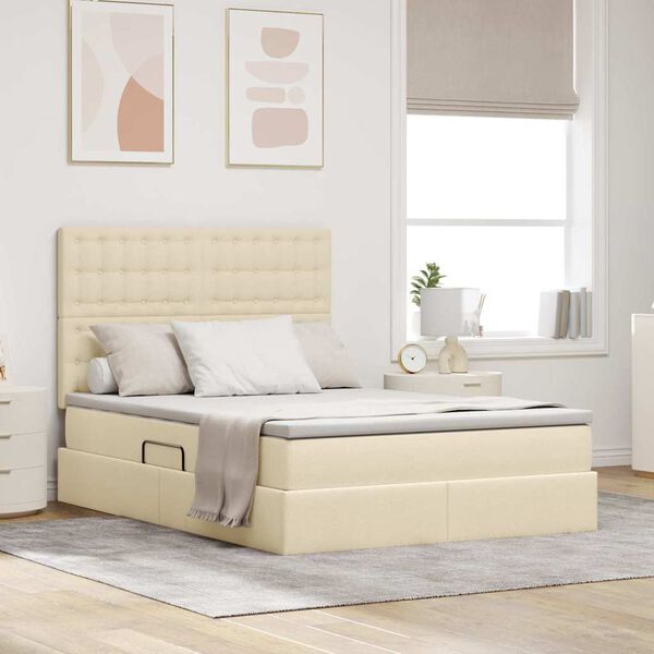 vidaXL Cama con almacenamiento y colch&oacute;n Crema 140 x 200 cm Poli&eacute;ster