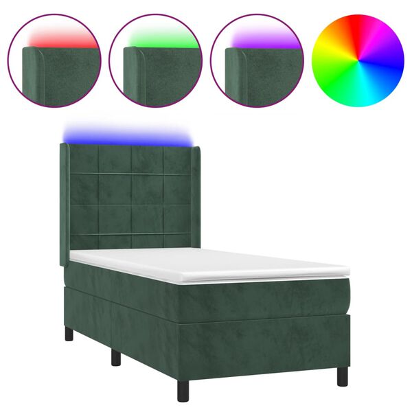 vidaXL Cama box spring colch&oacute;n y LED terciopelo verde oscuro 100x200cm