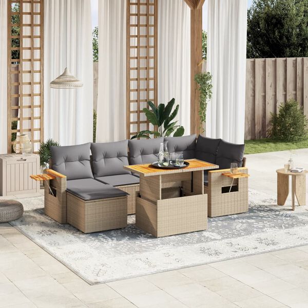vidaXL Set sof&aacute;s de jard&iacute;n 7 piezas y cojines rat&aacute;n sint&eacute;tico beige