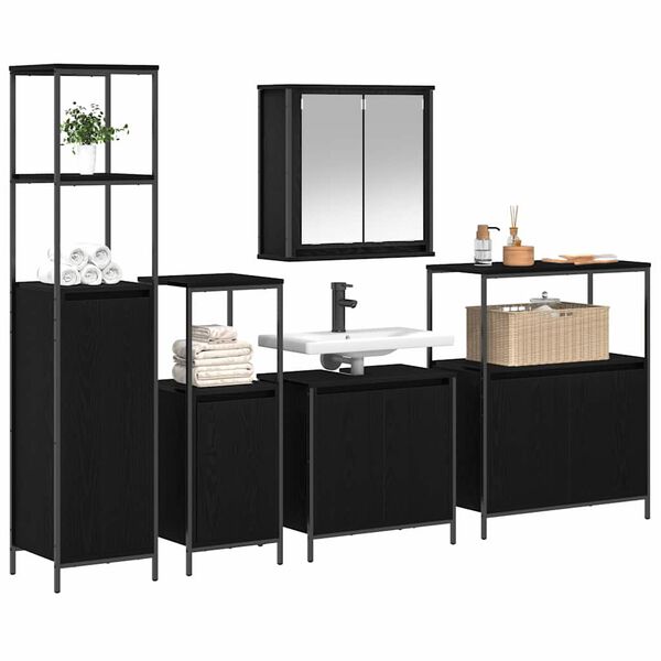 vidaXL Juego de muebles de ba&ntilde;o 5 pcs Roble Negro Madera de ingenier&iacute;a