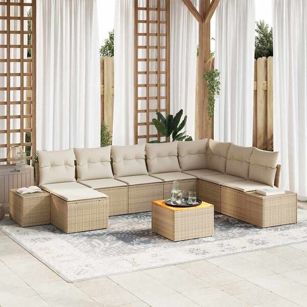 vidaXL Conjunto de sofá de jardín con cojín 9 pcs Beige Poliratán