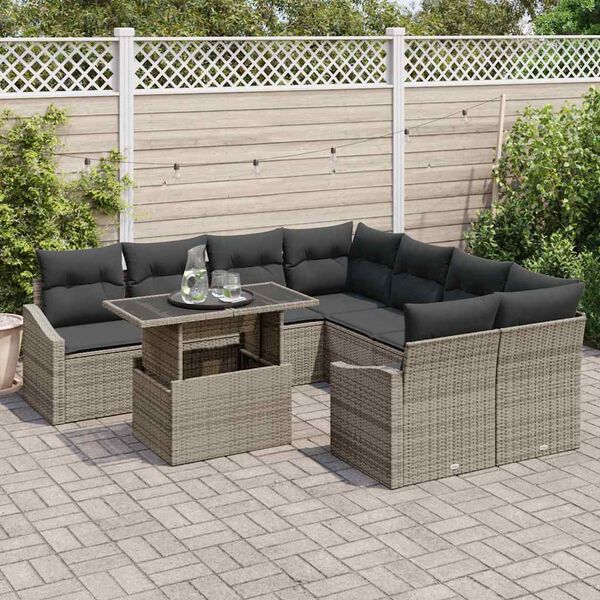 vidaXL Conjunto de sof&aacute; de jard&iacute;n 9 pcs Gris Polirat&aacute;n