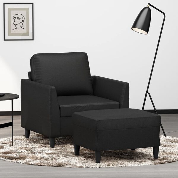 vidaXL Sill&oacute;n con taburete cuero sint&eacute;tico negro 60 cm
