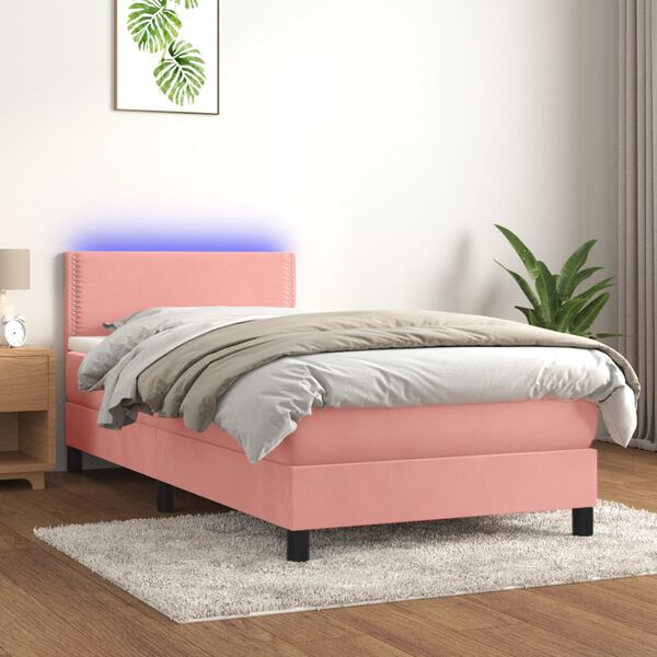 vidaXL Cama box spring colch&oacute;n y LED terciopelo rosa 100x200 cm