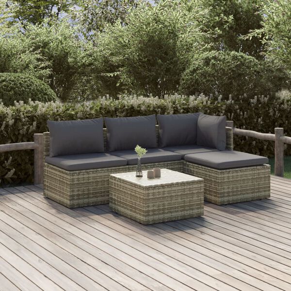 vidaXL Set de muebles de jardín 5 pzas y cojines ratán sintético gris