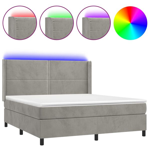 vidaXL Cama box spring colch&oacute;n y LED terciopelo gris claro 180x200 cm