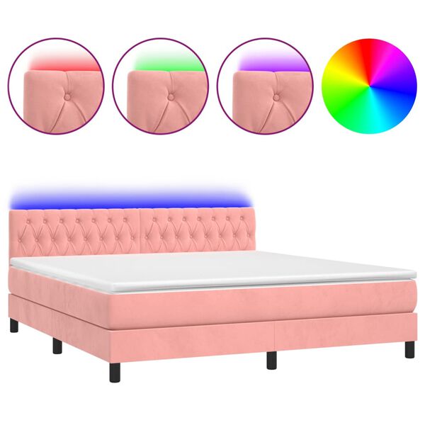 vidaXL Cama box spring colch&oacute;n y LED terciopelo rosa 160x200 cm