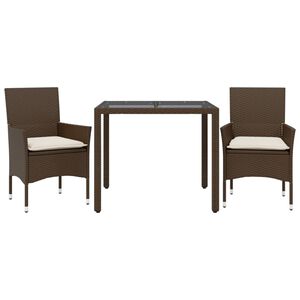vidaXL Set comedor jard&iacute;n 3 pzas cojines rat&aacute;n sint&eacute;tico vidrio marr&oacute;n