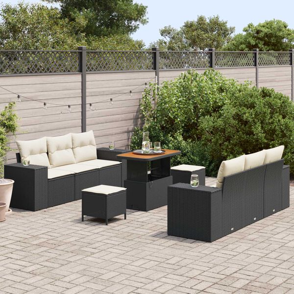 vidaXL Conjunto de sof&aacute; de jard&iacute;n 9 pcs Negro Polirat&aacute;n