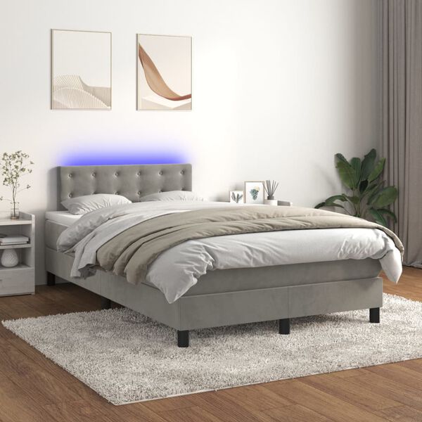 vidaXL Cama box spring colch&oacute;n y LED terciopelo gris claro 120x200 cm