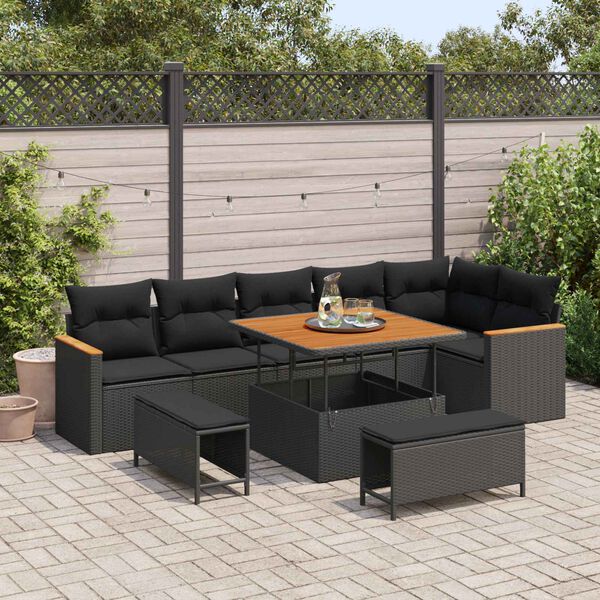 vidaXL Conjunto de sof&aacute; de jard&iacute;n con coj&iacute;n 9 pcs Negro Polirat&aacute;n