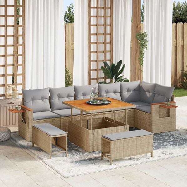 vidaXL Conjunto de sof&aacute; de jard&iacute;n con coj&iacute;n 9 pcs beige y gris claro
