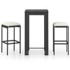 vidaXL Set muebles bar jard&iacute;n 3 piezas y cojines rat&aacute;n sint&eacute;tico negro