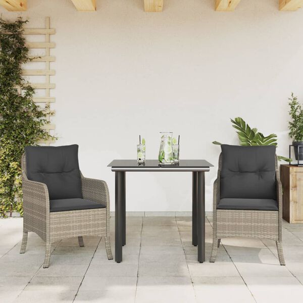 vidaXL Set comedor de jard&iacute;n 3 pzas cojines rat&aacute;n sint&eacute;tico gris claro