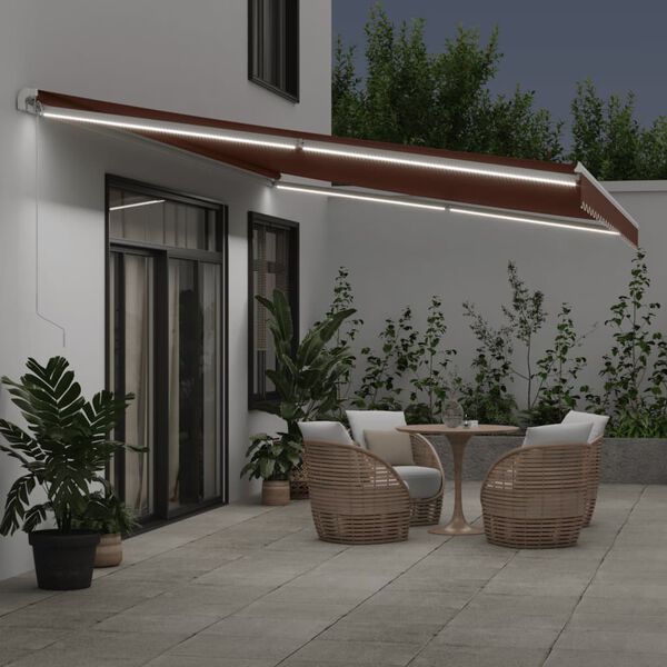 vidaXL Toldo retr&aacute;ctil manual con luces LED marr&oacute;n 600x350 cm