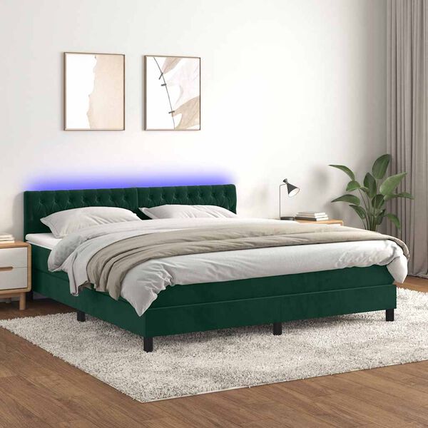 vidaXL Cama box spring colch&oacute;n y LED terciopelo verde oscuro 180x200cm
