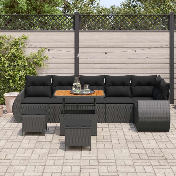 vidaXL Conjunto de sof&aacute; de jard&iacute;n 9 pcs Negro Rattan de Poli&eacute;ster