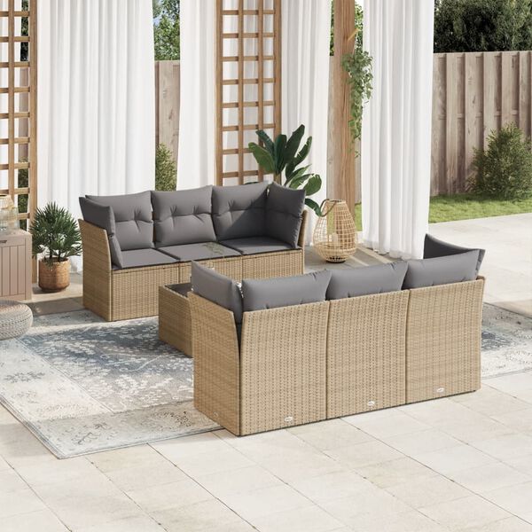 vidaXL Set sof&aacute;s de jard&iacute;n 7 piezas y cojines rat&aacute;n sint&eacute;tico beige