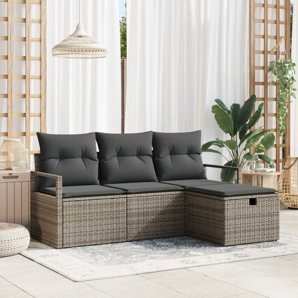 vidaXL Conjunto de sofá de jardín con cojín 4 pcs Gris Poliratán