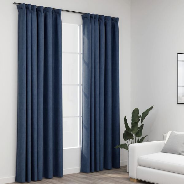vidaXL Cortinas opacas con ganchos look de lino 2 pzas azul 140x225 cm