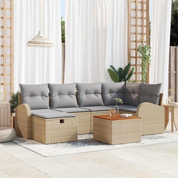 vidaXL Conjunto de sofá de jardín con cojín 7 pcs Beige Poliratán