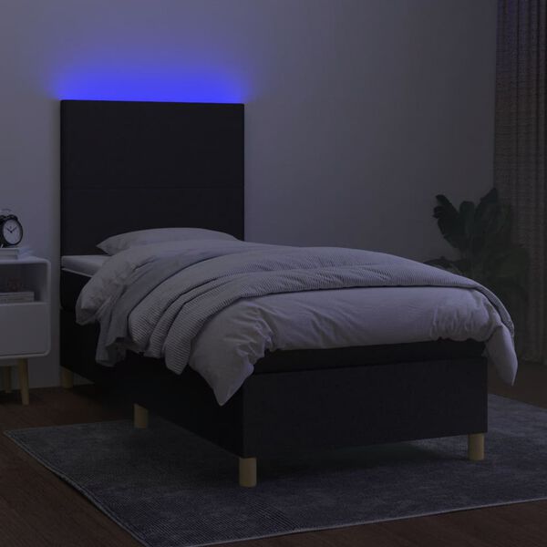 vidaXL Cama box spring colch&oacute;n y luces LED tela negro 90x200 cm