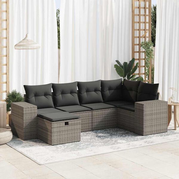 vidaXL Set de muebles de jard&iacute;n 6 pzas y cojines rat&aacute;n sint&eacute;tico gris