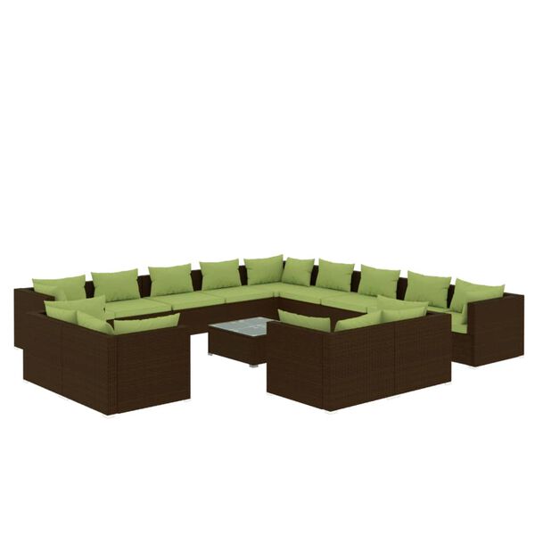 vidaXL Set muebles de jard&iacute;n 14 piezas cojines rat&aacute;n sint&eacute;tico marr&oacute;n