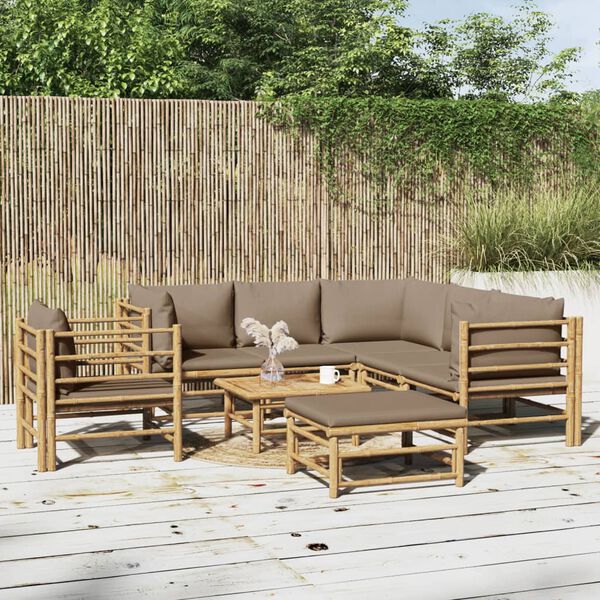 vidaXL Set de muebles de jard&iacute;n 8 piezas bamb&uacute; y cojines gris taup&eacute;