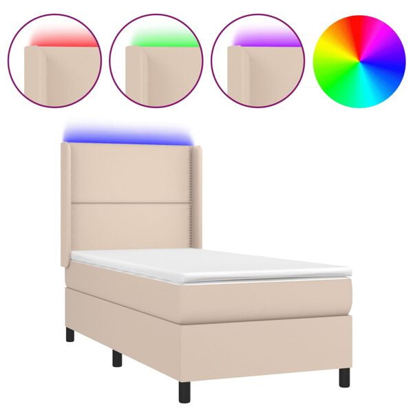 vidaXL Cama box spring colch&oacute;n LED cuero sint&eacute;tico capuchino 90x200 cm